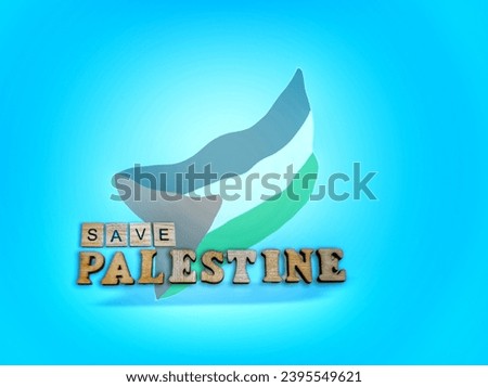 brown alphabet arrangement with a blue background and a blurred picture of the flag of Palestine