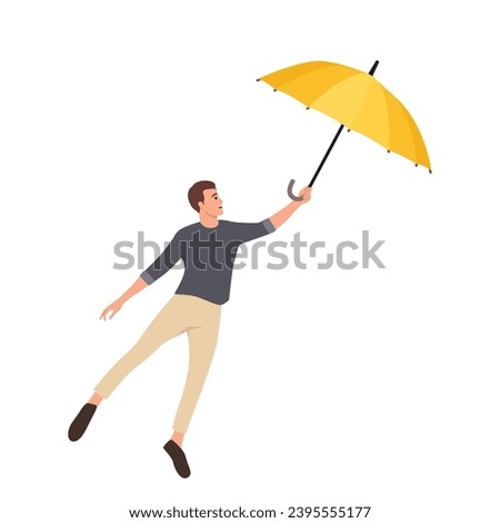 Windy day and man flies with umbrella. Man with an umbrella gone with the wind. Flat vector illustration isolated on white background