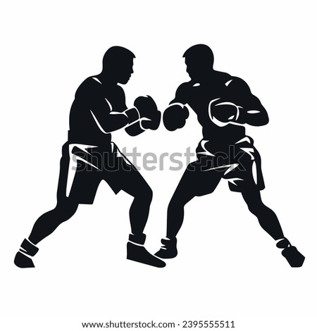 Fighting boxers silhouette. Fighting boxers black icon on white background Royalty-Free Stock Photo #2395555511