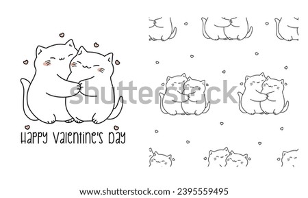 Vector set for printing on children's products. Cute fat kitties cuddle, hearts, linear style, seamless vector pattern ifor Valentine's Day . Vector illustration