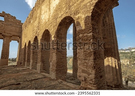 Ancient Greek Temple of Concordia in the Valley of the Temples of Agrigento, seen from inside in architectural details. Sicily, Italy.