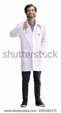 male doctor in a white coat on a white background shows a thumbs up sign