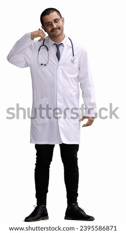 male doctor in a white coat on a white background shows a call sign