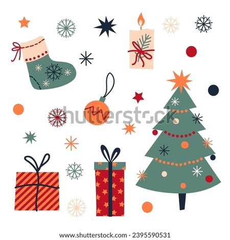 Christmas and Happy New Year hand drawn set flat elements illustration with tree, felt boot, decorations, gifts, toys for invitation, textile, packaging, wrapping, card, decor wallpaper graphic design