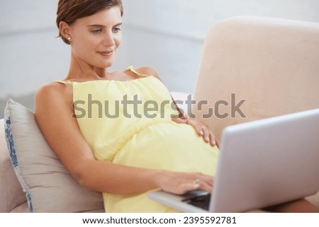 Relax, pregnant and woman on laptop in house living room for childcare website, information or reading email. Happy, mother or person on home sofa with technology, research and pregnancy health blog