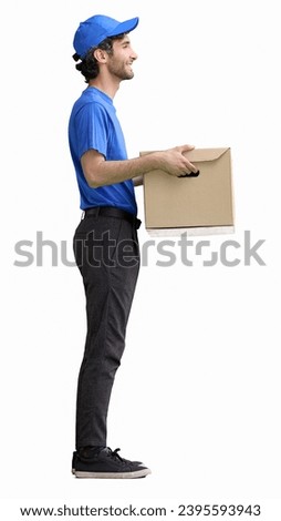 full-length male courier holding a box on a white background