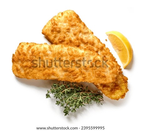 fried breaded fish fillets isolated on white background, top view Royalty-Free Stock Photo #2395599995