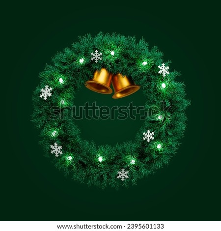Christmas spruce wreath decorated with ornaments: snowflakes and gold bells. Holiday clip art isolated on green background. 3d render illustrations