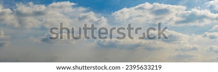 Sky and cloud panorama concept, sky blue and clouds white view of background, cloudscape is beautiful overcast sky on summer daytime, abstract for creative design graphic wallpaper and banner board
