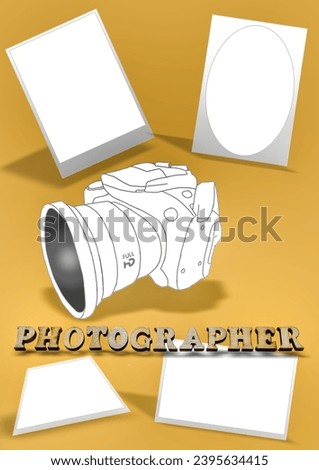 Illustration of a white and black camera photo. There are several pieces of white photo paper and arrangement
brown alphabet with brown background