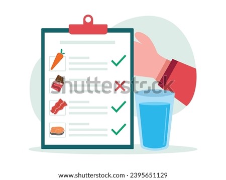 Hand holding a clip board with a checklist of healthy and unhealthy diet menu, a glass of water. Character design. Vector flat illustration