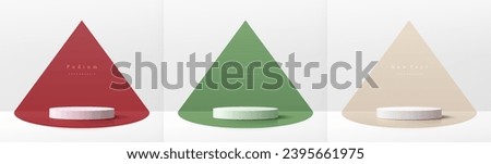 Set of white realistic 3d cylinder pedestal podium with red, green, cream in triangle backdrop. Christmas and new year scene. Abstract vector rendering geometric platform. Product display presentation