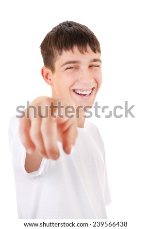 Cheerful Teenager Pointing at You on the White Background