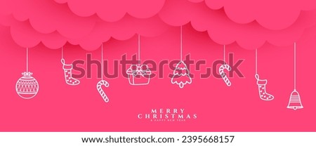 paper style merry christmas party invitation banner with hanging xmas elements vector
