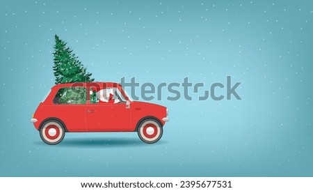 Santa Clause driving red car with Xmas tree in snow background for Christmas and New Year concept illustration vector.