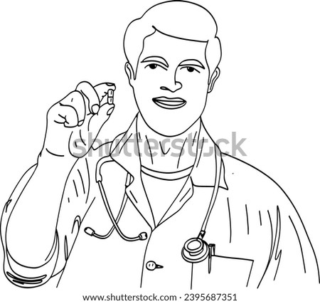 Male Doctor Holding Capsule: Sketch Drawing Medical Cartoon, Physicians with Pills: Medical Cartoon Sketch Drawing, Stethoscope-Wearing Doctor: Cartoon Clip Art