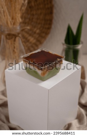 Talam Cake or in indonesia called kue talam with pandan leaves serves on white plate, selective focus image and blurred background.