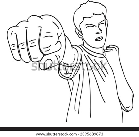 Focused Young Athlete in Boxing Pose: Cartoon Clip Art Drawing, Boxing Cartoon: Naughty Boy Ready to Defend and Punch, Sketch Drawing of Playful Kid: Cartoon Clip Art Boxing Pose