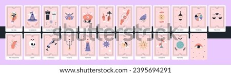 Tarot cards deck. Major arcana set. Hand drawn trendy vector illustration. Royalty-Free Stock Photo #2395694291