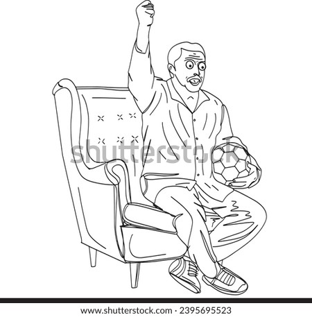 Cheering Football Fan: Sketch Drawing Isolated on White, Soccer Match Enthusiast: Sketch Drawing Isolated Character, Isolated Cartoon Clip Art: Man Shouting on Couch with Ball