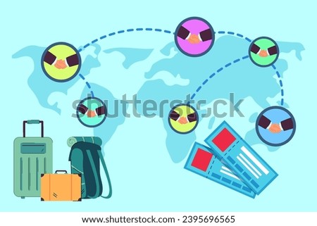 Handshakes at different points on world map as new air transport agreements. Vector illustration. Tickets, baggage on background. Airline industry, strengthening tourism market