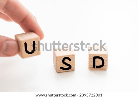 wooden blocks with the inscription usd and a block symbolizing the rise and fall of financial markets