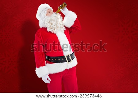 Father christmas drinking a beer against red snowflake background