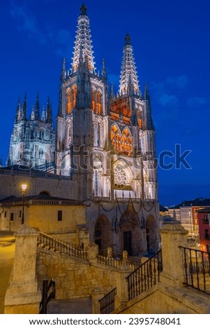 Night view of the cathedral in Spanish town Burgos. Royalty-Free Stock Photo #2395748041