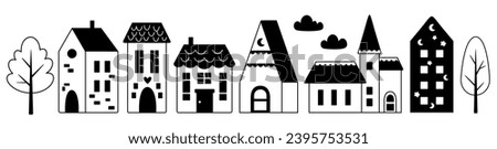Scandinavian houses clipart. Nordic house clip art in minimal flat style. Black and white house illustration