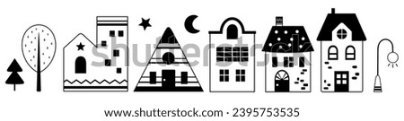 Scandinavian houses clipart. Nordic house clip art in minimal flat style. Black and white house illustration