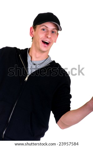 Handsome teenager in leisure clothing making funny faces and gestures.  Studio, white background.