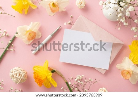 Writing a romantic letter on spring season concept. High-angle view picture of tender narcissus and gypsophila branches, envelope with empty postcard on rose background with copyspace