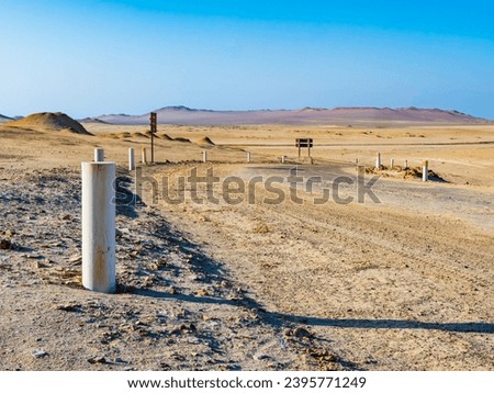 Stunning dirt road marked with white stakes, crossing the desert in Paracas National Reserve, Peru
