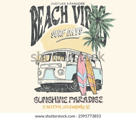 Beach vibes artwork for t shirt, poster, sticker. Summer good vibes. Relax chair hand sketch. Paradise t shirt graphics design, typography slogan on palm trees background. aloha Hawaii. Beach bus.