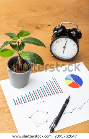 A plant, a graph, and a clock on the desk.