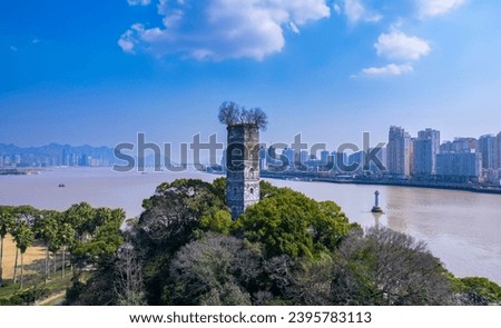 Aerial photography of the Jiangxin Twin Towers on Jiangxin Island, Wenzhou City, Zhejiang Province, China