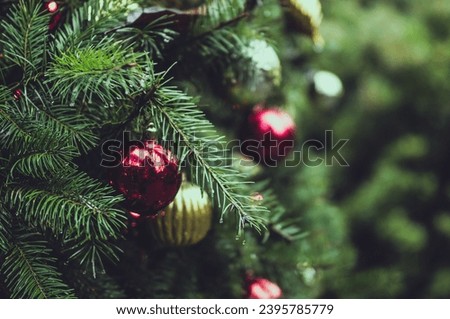 Christmas background with fir branches and decoration ornaments elements ,Beautiful christmas trees with Christmas