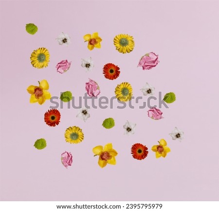 Colorful flowers scattered against the pastel purple background. Minimal floral pattern. Copy space.
