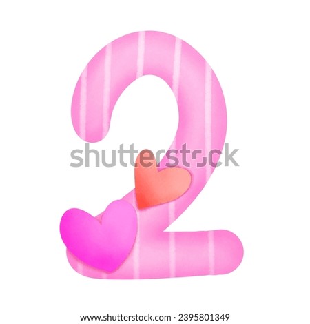 Set of illustrations alphabet A-Z and numbers 0-9, Pink Valentine's Day theme with cute hearts.