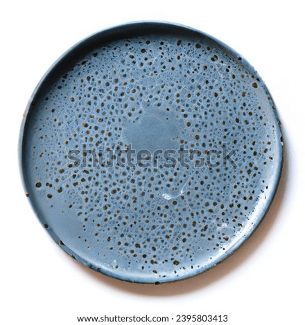 Empty trendy handmade ceramic dish tablewares Round empty plate Pastel blue turquoise aqua texture vintage classic pattern isolate on white background, top view, cut out Royalty-Free Stock Photo #2395803413
