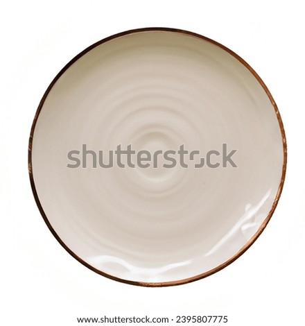 Empty trendy handmade ceramic dish tablewares Round empty plate dark Pastel Cream Beige texture vintage classic pattern isolate on white background, top view, cut out