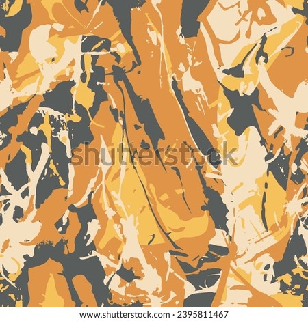 Red orange and yellow colors camouflage with dry brush strokes, seamless hand drawn blots grunge pattern. Scribble military camo texture, fashionable urban fabric. Vector illustration Royalty-Free Stock Photo #2395811467