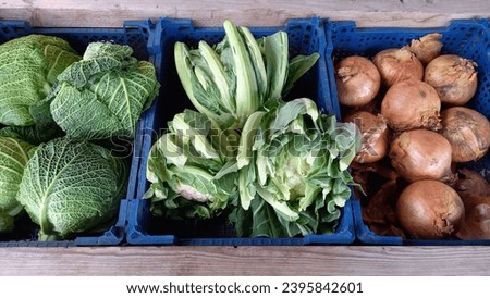 Fresh vegetables sitting in plastic display trays on stall. Royalty-Free Stock Photo #2395842601