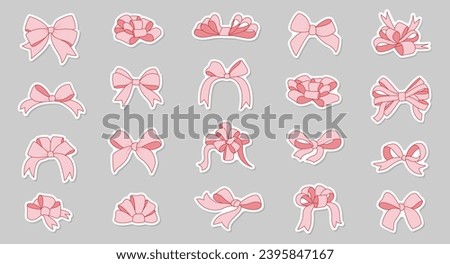 Simple hand drawn ribbon bow collection. Pink bow.Bowknot for decoration, big set of bowtie.