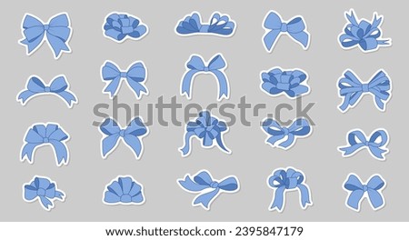 Simple hand drawn ribbon bow collection. Blue bow. Bowknot for decoration, big set of bowtie.