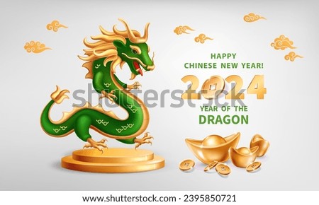 Green wood Dragon is a symbol of the 2024 Chinese New Year. Realistic 3d figure of Dragon on a podium with gold ingots Yuan Bao, coins on a grey background. Vector illustration of Zodiac Sign Dragon