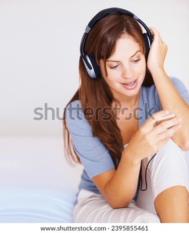 Headphone music player, bed or woman listening to playlist track, audio podcast or wellness sound. Relax morning, home bedroom or user streaming stress relief song, media network or digital radio app