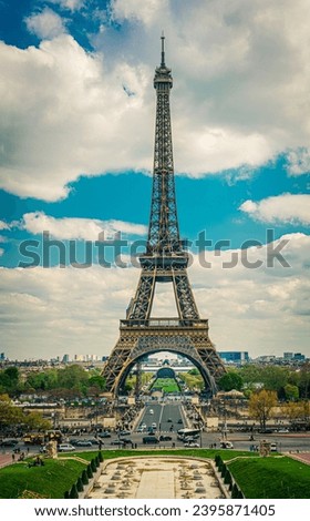 Photograph of the Eiffel Tower with dramatic sky, taken in Paris in spring 2023.