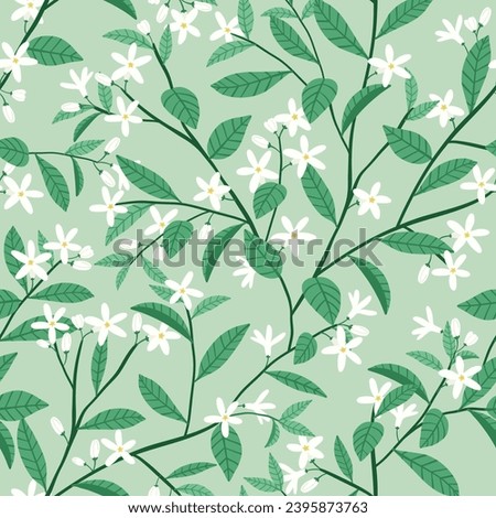 seamless pattern of jasmine plant in green tone Royalty-Free Stock Photo #2395873763