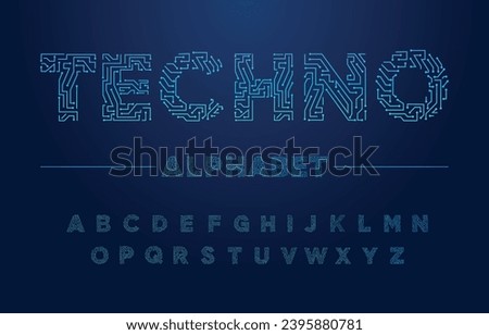 Digital chip circuit font. Tech typography, alphabet letters and numbers stylised as circuit board tracks. PCB technology and computer engineering lettering vector set. Microchip or motherboard style Royalty-Free Stock Photo #2395880781